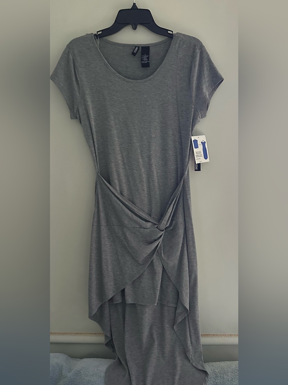 NWT Kristin Nicole Women's Gray Twist-Front Midi Dress Size Large